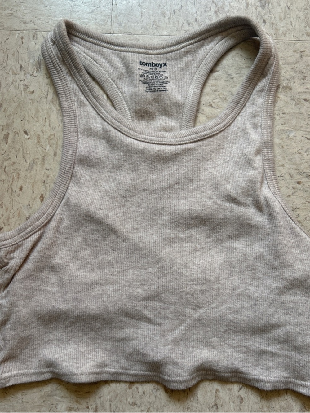 TomboyX Ribbed Racerback Crop Tank in Light Taupe